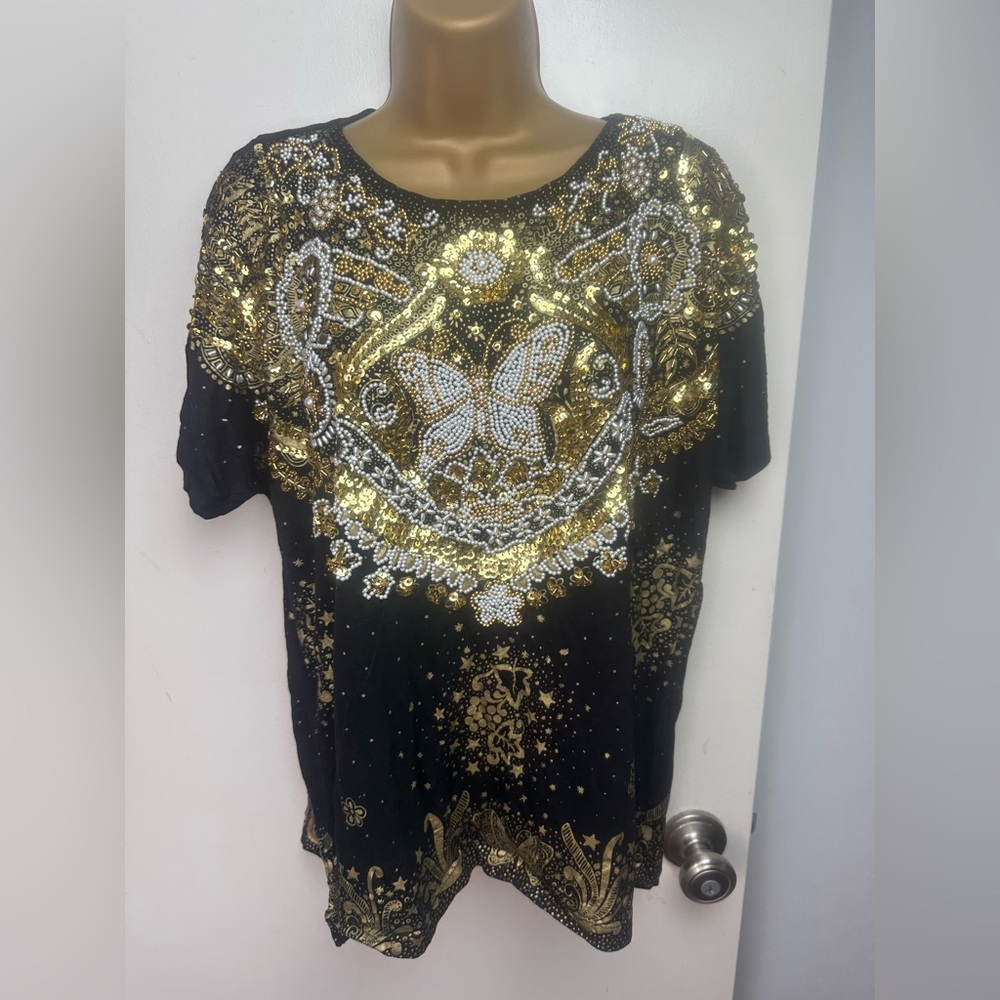 Bali Chic Black &‎ Gold Y2K Vintage? Heavily Sequin Beaded Butterfly Top NWT O/S